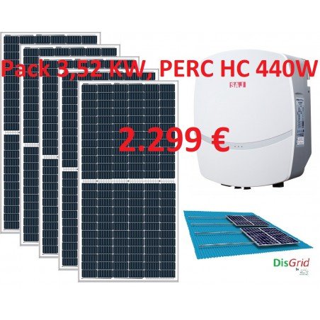 Pack Conexión a Red 3,52 KW: 8 modulos PERC HC 440 W + Inversor SAJ R5 3KW + Estructura coplanar