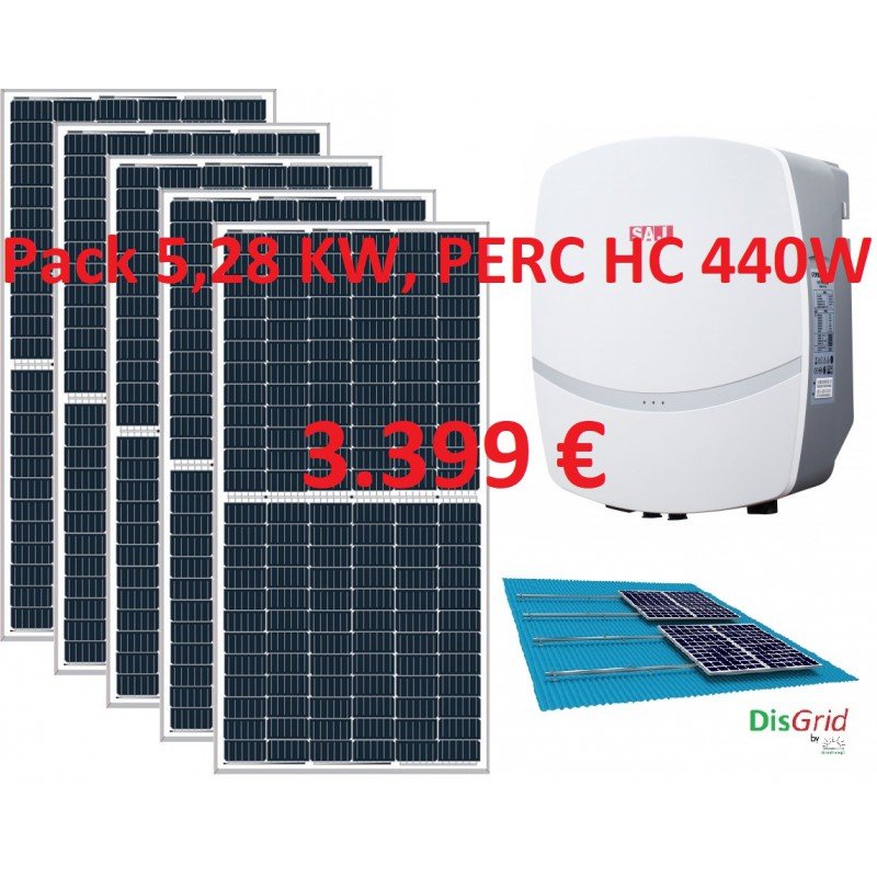 Pack Conexión a Red 5,28 KW: 12 modulos PERC HC 440 W + Inversor SAJ R5 5KW + Estructura coplanar