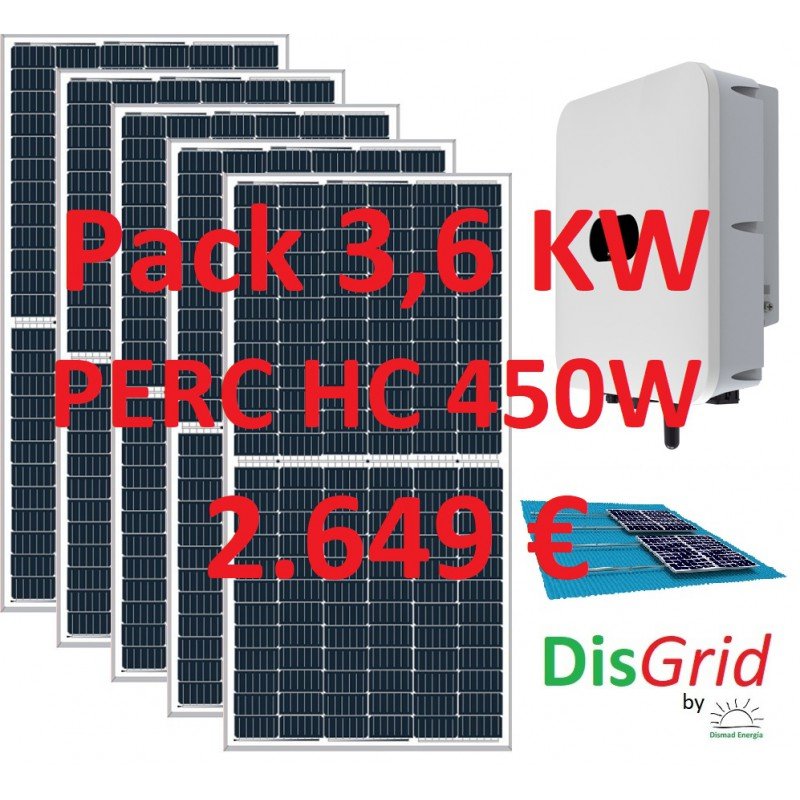 Pack Conexión a Red 3,6 KW: 8 modulos PERC HC 450 W + Inversor Híbrido Huawei L1 3KW + Estructura coplanar