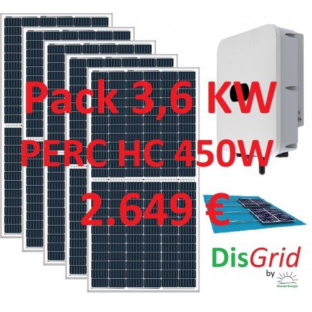 Pack Conexión a Red 3,6 KW: 8 modulos PERC HC 450 W + Inversor Híbrido Huawei L1 3KW + Estructura coplanar