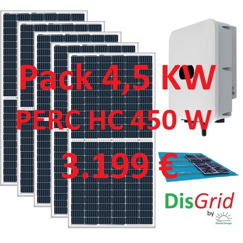 Pack Conexión a Red 4,5 KW: 10 modulos PERC HC 450 W + Inversor Híbrido Huawei L1 4KW + Estructura coplanar